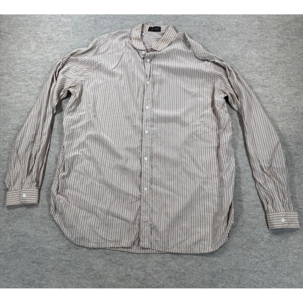 ST. Piel Dress Shirt Mens Large 16.5 Beige Striped Silk Long Sleeve Office